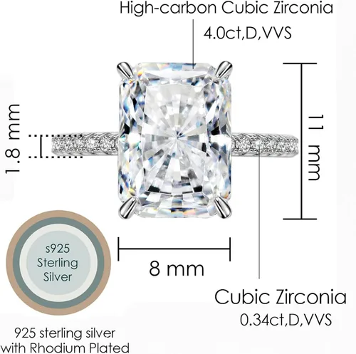 Vista 2 de michooyel S925 - Anillo de compromiso de circonita cúbica de corte radiante de 4 quilates anillo de compromiso de boda de plata de ley para mujer