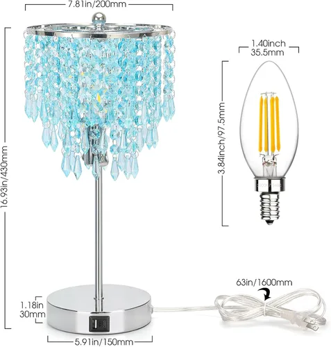 Vista 2 de Lámpara de mesa de cristal con control táctil, lámparas de mesita de noche con doble USB para dormitorio, lámpara de mesita de noche regulable de 3