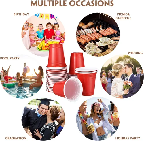 Vista 7 de Zopeal 300 vasos de plástico desechables rojos de 12 onzas, vasos de plástico rojo con líneas de relleno, vasos de plástico reutilizables