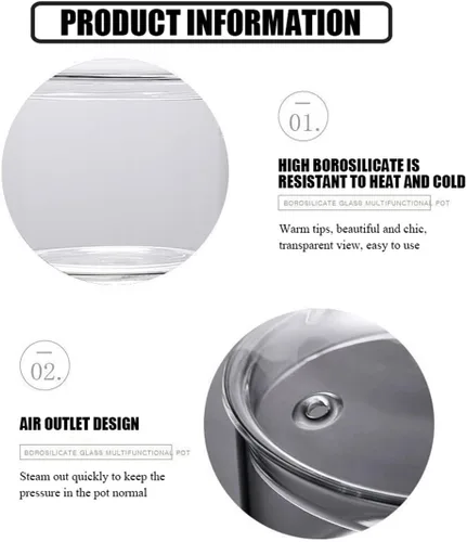 Vista 3 de Olla de cocción de vidrio, cacerola de vidrio de 1.5 L/50 onzas con tapa, transparente resistente al calor, olla y sartén de vidrio de borosilicato