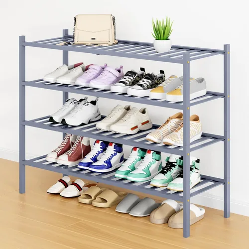 Vista 26 de Smiry Zapatero pequeño de bambú de 2 niveles, apilable, estante de almacenamiento de zapatos de madera para armario, entrada, entrada de puerta Negro