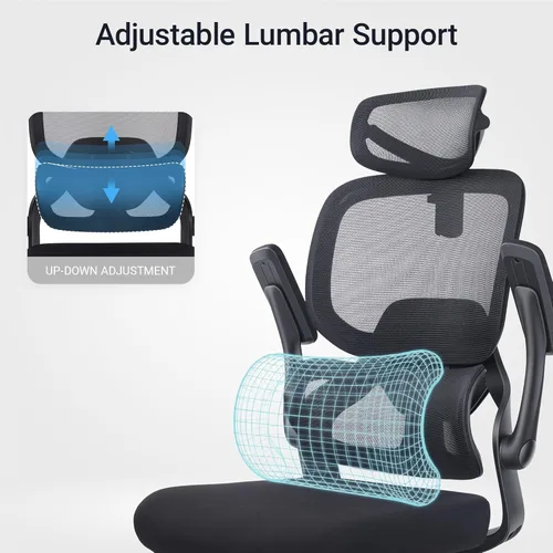 Vista 5 de Silla de oficina ergonómica con reposabrazos abatibles, soporte lumbar ajustable, silla de computadora con respaldo de malla transpirable, sillas