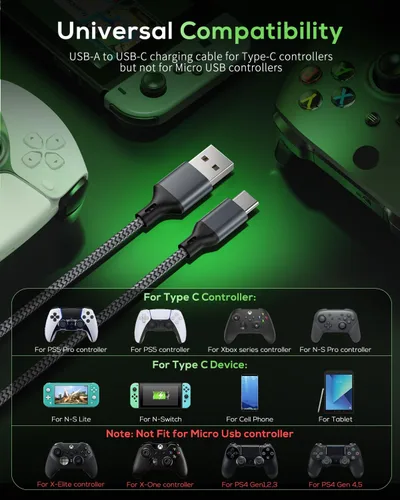 Vista 3 de MENEEA Cable de carga para controlador PS5PS5 Pro, para Xbox Series XS, para Nintendo Switch Paquete de 2 cables de repuesto USB C de 10 pies