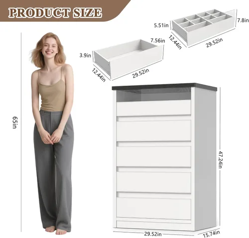Vista 2 de Jocoevol Cómoda blanca más grande de 5 cajones para dormitorio con luz LED, cómoda moderna con asas ocultas, armario alto de madera para sala
