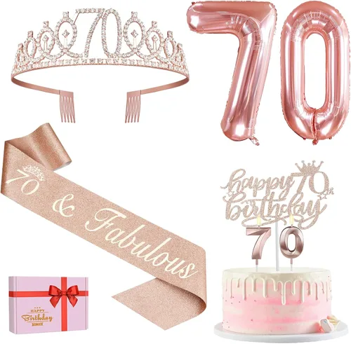 Vista 26 de Decoraciones de cumpleaños número 17 para niña, incluyendo tiara y banda de cumpleaños de 17, decoración para pastel y velas, globos de números