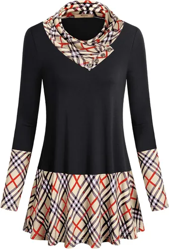 Miusey - Camiseta tipo túnica con manga larga y cuello drapeado para mujer, blusa informal y ajustada que favorece la figura