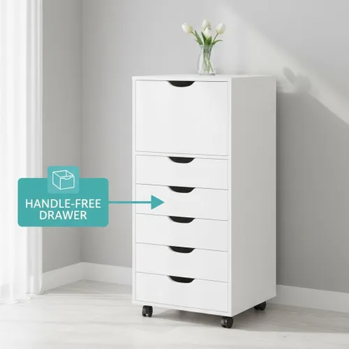 Vista 194 de Naomi Home Cómoda de 5 cajones para dormitorio, alta y elegante, con ruedas y estantes de almacenamiento, pequeña para guardarropa, para maquillaje