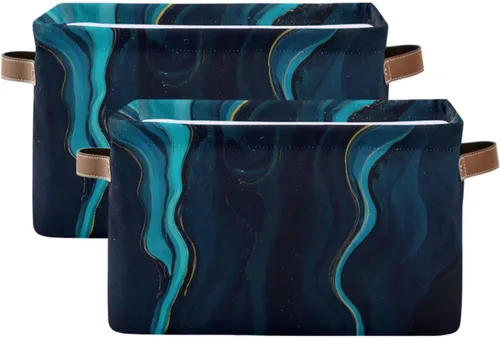 Vista 8 de Cestas de almacenamiento de mármol azul, cesta de almacenamiento rectangular plegable decorativa de tela de lona para el hogar