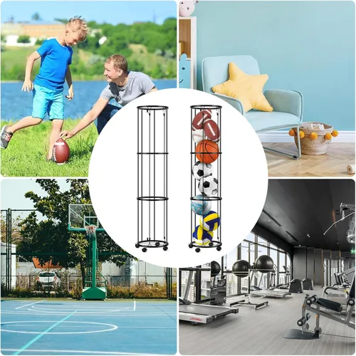 Vista 6 de Columnar - Estantes verticales de almacenamiento de bolas con ruedas, soporte de pared duradero para baloncesto, voleibol, ahorro de espacio