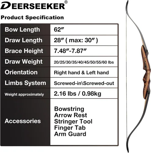 Vista 2 de Deerseeker Archery 62" Takedown Recurve Bow Set with Right Hand & Left-Handed Riser Laminated Limbs 20-60 lbs for Adults & Youth, Archery Practice &