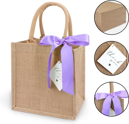 Vista 4 de Paquete de 6 bolsas de arpillera con asas reutilizables pequeñas bolsas de regalo de yute con cintas de seda moradas, forro impermeable para boda