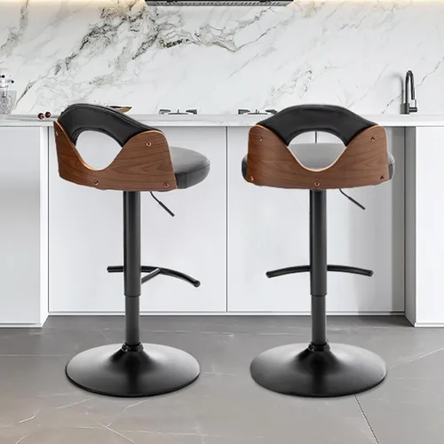 Vista 9 de Juego de 2 taburetes de bar giratorios de piel sintética modernos de mediados de siglo, sillas de bar ajustables con respaldo bajo para taburete