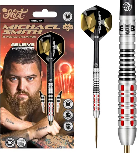 Shot! Punta de acero para dardos, Michael Smith Believe (0.81 oz/0.85 oz/0.88 oz/0.92 oz), 90% barril de tungsteno, peso frontal, juego de dardos