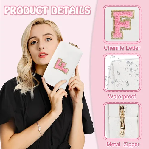 Vista 3 de Biileen Bolsa de Maquillaje Preppy Personalizada con Inicial Pequeña Bolsa de Viaje Linda con Letra de Chenilla, blanco-1, F