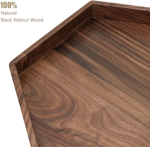 Vista 3 de Bandeja otomana pequeña hexagonal de madera de nogal negro de 12 pulgadas con asas, sirve té, bandeja decorativa de madera clásica para servir café