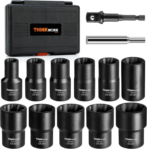 Vista 10 de THINKWORK Herramienta de extracción de tuercas de rueda de 1/2 pulgada, kit de extracción de bloqueo de rueda de 5 piezas, removedor de tuercas