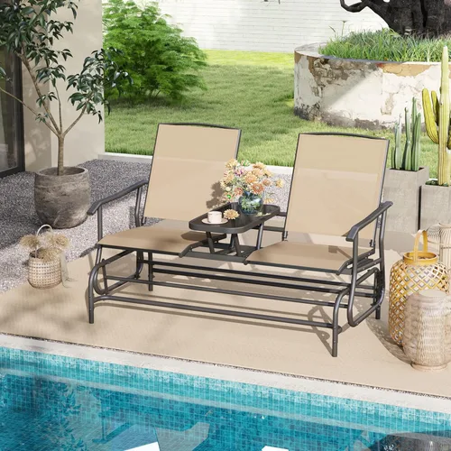 Vista 2 de Tangkula Silla mecedora para 2 personas, sofá biplaza mecedora para patio con mesa central de vidrio templado, banco de columpio para exteriores