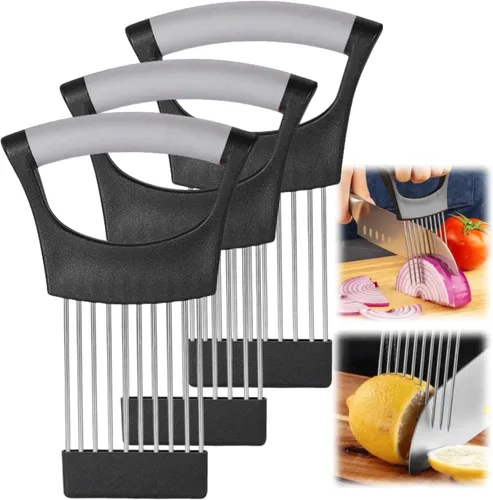 Vista 2 de Soporte para rebanadas de cebolla, nuevo soporte de acero inoxidable 2024 para rebanar, herramienta asistente de picadora, cortador para carne, Negro