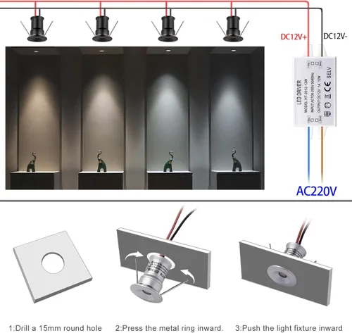 Vista 3 de Mini proyector LED 902 de 120°, DC12V 1W, 80Ra, 75lm, tamaño pequeño, instalación integrada, adecuado para iluminación de gabinetes como gabinetes