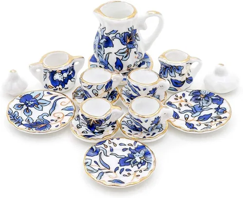 Odoria 1:12 Miniatura 15pcs porcelana azul Chintz taza de té Set (azul)