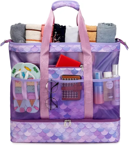 Bolsa de playa de malla para mujer, impermeable, a prueba de arena, con cremallera, bolsa de playa con hielera, bolsa de piscina de gran capacidad
