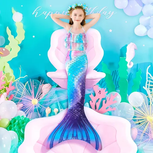 Vista 4 de Farshine Traje de baño de sirena para niñas, traje de baño de princesa, traje de baño para nadar