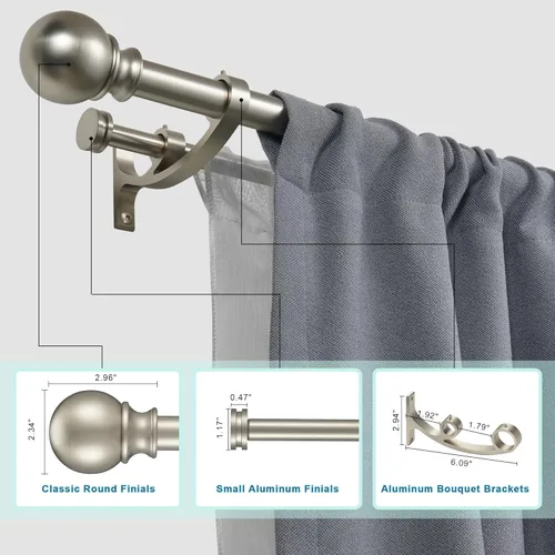 Vista 2 de Barras de cortina dobles con soportes de aluminio para ramo y remates redondos, barras de cortina de níquel cepillado para ventanas de 28 a 48