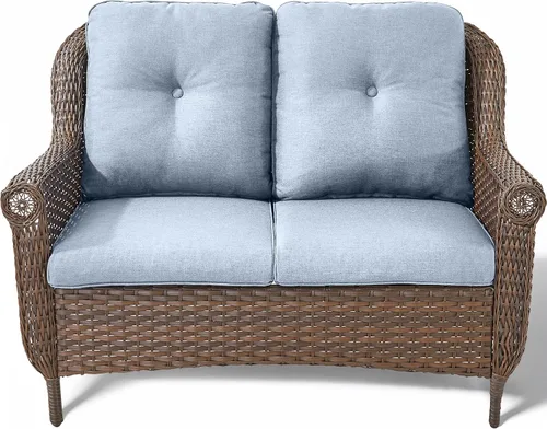 Sofá de mimbre para patio, sofá de mimbre para exteriores, resistente para todo tipo de clima, sofás para 2 personas con respaldo alto y cómodos