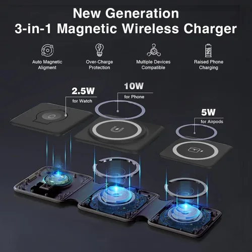 Vista 3 de Cargador inalámbrico Nano 3 en 1, estación de carga inalámbrica Apple y Samsung, cargador de viaje plegable para múltiples dispositivos iPhone