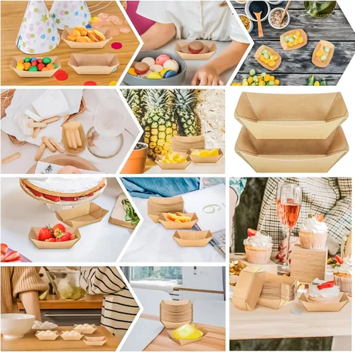 Vista 5 de MotBach Paquete de 150 bandejas de papel de 1/4 libras desechables para botes de papel pequeños, recipientes de platos, 0.25 libras, mini bandeja