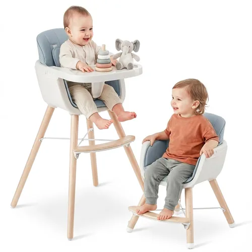 Vista 11 de Mallify Silla alta de madera 3 en 1, sillas altas convertibles para bebés y niños pequeños, silla alta para bebé con patas ajustables y bandeja apta
