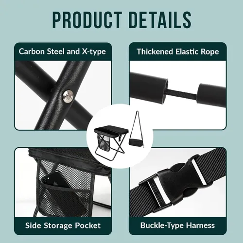 Vista 5 de Taburete plegable portátil – Silla plegable con bolsa de almacenamiento, bolsa convertible para transporte manos libres y soporta 265 libras
