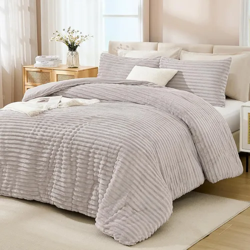 Vista 14 de Juego de edredón de forro polar Andency Queen, juego de 3 piezas de edredón beige para cama tamaño Queen, juego de ropa de cama suave, cálido