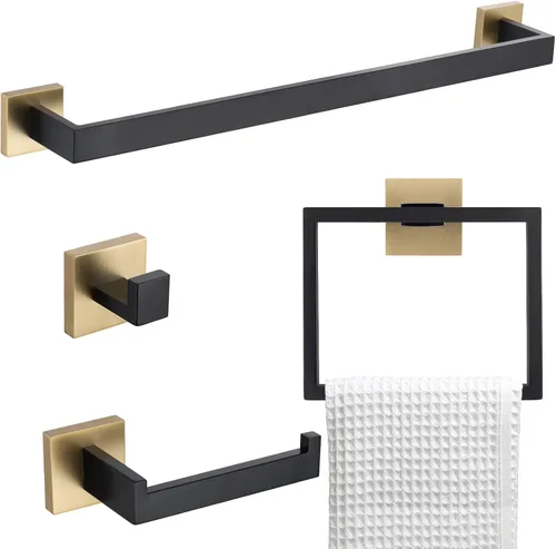 Juego de 4 soportes para toallas de baño, juego de accesorios de baño de acero inoxidable negro y dorado, montaje en pared, 23.6 pulgadas