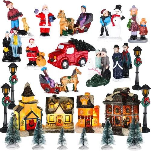Vista 2 de Wettarn Juego de 26 piezas de aldeas de Navidad con luces LED, figuras de Navidad, decoración de casas de pueblo de Navidad, edificio coleccionable