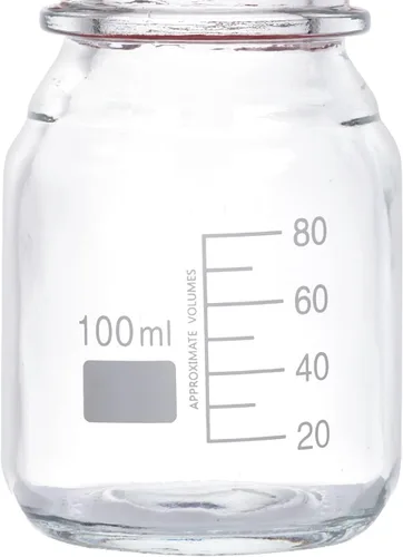 Vista 2 de Moonetto 20 botellas de vidrio redondas de almacenamiento de medios de laboratorio graduado de 3.4 fl oz con tapa naranja de polipropileno GL45