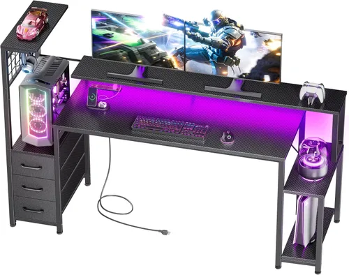 Vista 8 de Korfile - Escritorio para juegos de 48 pulgadas con luces LED y tomas de corriente, escritorio para computadora con cajones de tela y gancho