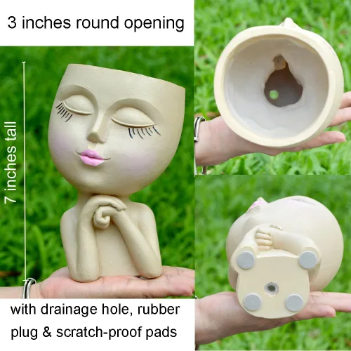 Vista 2 de Macetero de Cabeza con Cara, Macetas Divertidas con Cabezas, Macetas Lindas con Caras de Niña, Macetas Decorativas para Flores, Macetas Lindas