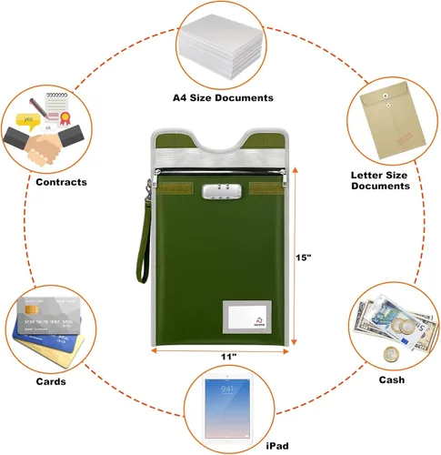 Vista 6 de Bolsa de seguridad para documentos con candado (5200℉), soporte para documentos de viaje de 15 x 11 pulgadas, bolsa ignífuga con cremallera