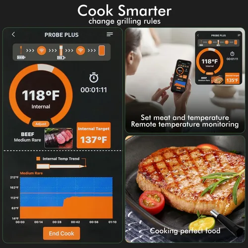 Vista 2 de Termómetro inteligente inalámbrico para carne con 4 sondas, termómetro de alimentos Bluetooth, seguimiento remoto y lecturas en tiempo real desde