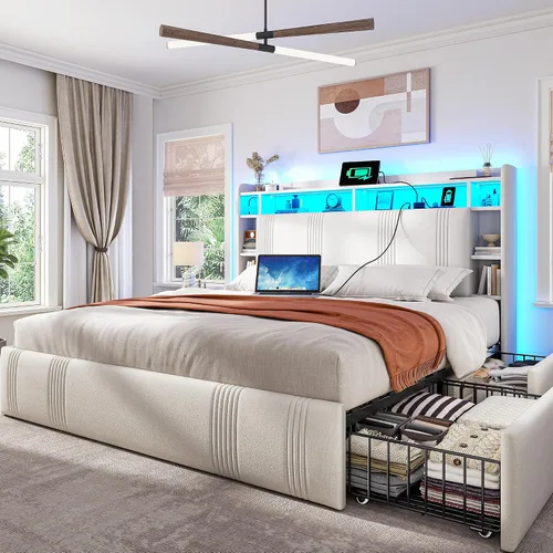 Vista 10 de EnHomee Base de cama de tamaño matrimonial con 4 cajones de almacenamiento y cabecero tapizado, marco de cama matrimonial con LED, estación de carga