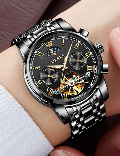 Vista 3 de OLEVS Relojes automáticos de cuerda automática para hombre, fecha y día, calendario, relojes de acero inoxidable, movimiento esquelético
