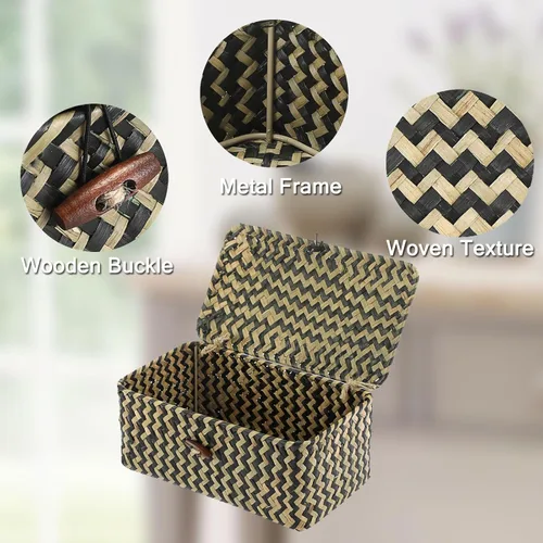 Vista 5 de Hipiwe Cesta de mimbre extra pequeña con tapa, cestas de almacenamiento de hierba marina natural, caja organizadora para el hogar, cesta