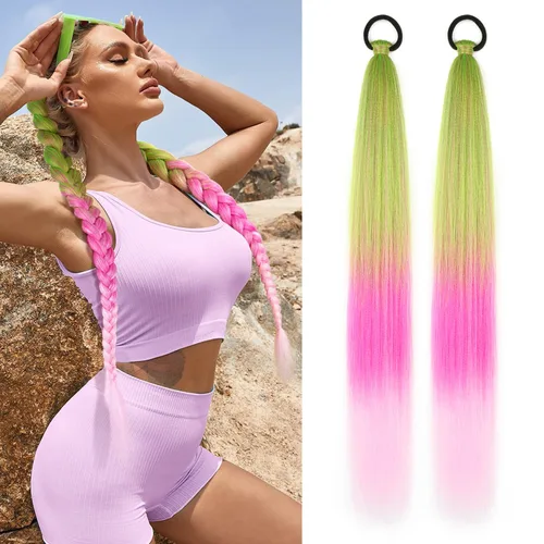 Vista 27 de Paquete de 2 extensiones de cola de caballo trenzada con lazo elástico, lacio, elegante envolvente, extensiones de cola de caballo de 26 pulgadas
