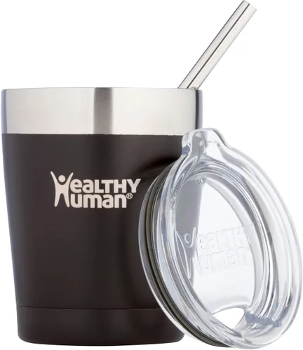 Vaso de viaje de acero inoxidable con aislamiento humano, con pajita y tapa, Negro puro