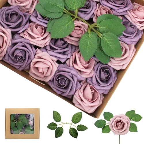 Vista 42 de 25 rosas realistas negras, flores artificiales de espuma de látex con tallos flexibles y 8 hojas para decoración de bodas, hogar y fiestas Negro