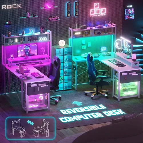 Vista 6 de Aheaplus Small L Shaped Desk with Charging Port & LED Strip, Reversible L-Shaped Gaming Desk Computer Desk with Monitor Stand & Storage Shelf