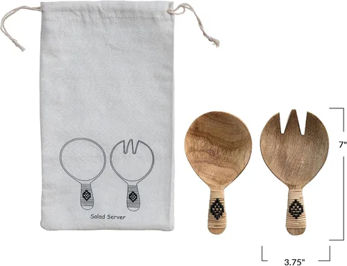 Vista 2 de Servidores de ensalada de madera de mango de 7 pulgadas con asas envueltas de bambú y bolsa de cordón impresa, natural y negro, juego de 2