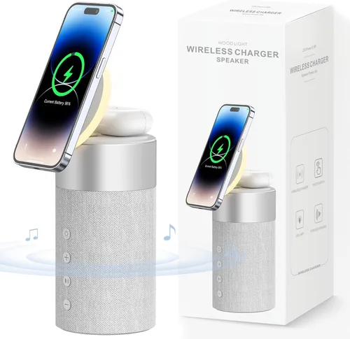 Vista 8 de COLSUR Altavoz Bluetooth, cargador inalámbrico magnético, altavoces Bluetooth con luz nocturna, estación de carga inalámbrica 2 en 1 para iPhone