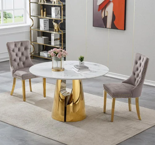 Vista 24 de SSLine Mesa de comedor redonda de mármol sintético blanco para 4-6, mesa de Mesa de oro blanco